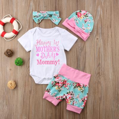 China Polyester/Cotton MIOZING Happy Mothers Day Girl Clothes 4Pcs Newborn Baby Flower CottonSleeve Tops Romper Shorts Outfits Clothes for sale