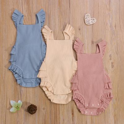 China Cute 3 Colors 0-24M Infant Baby Girls Boys Rompers Solid Ruffles Short Sleeve Backless Overalls Outfits for sale