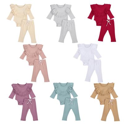 China MIOZING Regular Autumn Infant Baby Girls Clothes Ruffles Newborn Rompers+Casual Solid Pants 2Pcs Outfits Ribbed Knit Infant Clothing for sale