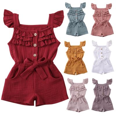 China MIOZING 100% Cotton Toddler Kids Baby Rompers Solid Ruffles Short Sleeve Bowknot Overalls Outfits Clothes for sale