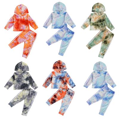 China MIOZING Regular 2 Piece Kids Suit Set Tie Dye Hooded Top And Print Long Sleeve Pants For Girls Boys Tracksuit 5 Colors for sale