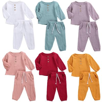 China MIOZING 0-5Y Regular Baby Cotton Infant Canvas Clothes Autumn New Boys Girls Button Long Sleeve T-Shirt Top+Long Pants Solid 2pcs for sale