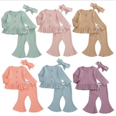 China MIOZING Regular Baby Infant Newborn Toddler Girls 3 Pcs Knit Teams Buttons Around Neck Ruffle Top Long Flared Panty Headband for sale