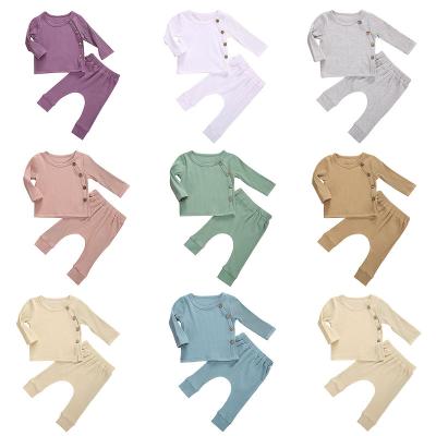 China Regular Infant Newborn Babies Boys 2Pcs Set Solid Ribbed Outfits Set Long Sleeve Slanted Buttons Shirts Pants Spring Autumn Fashion for sale