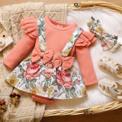 China MIOZING 2pcs Baby Soft And Cozy Floral Print Ribbed Long Sleeve Ruffle Faux-Two Romper Dress Set for sale