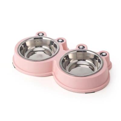 China Viable Wholesale Plastic Luxury Dog Bowl Stainless Steel Cat Double Bowl Frog Design Pet Bowls for sale