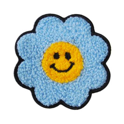 China Fashionable Sustainable Customize Blue Cartoon Flower Towel Embroidery Patches For Apparel Diy for sale