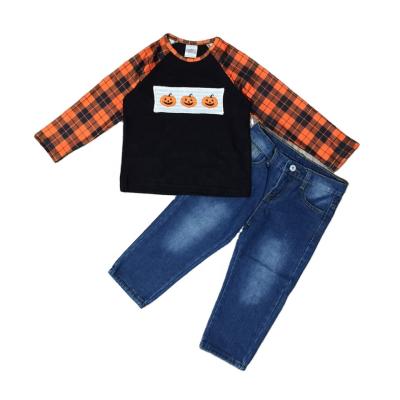 China Comfotable Halloween Baby Boy Jeans Pants Cotton Set Long Sleeve Top Kids Clothing for sale