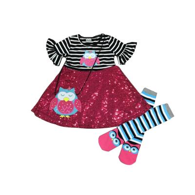 China Other Fashion Girlymax Sheath Short Owl Pattern Baby Dresses Newborn Girl Sequins With Bags And Socks for sale