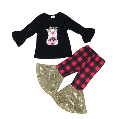 China Comfotable Wholesale Cute T-shirt Flares Black Red Square Boys And Girls Grid Pants Little Kids Clothing Set for sale