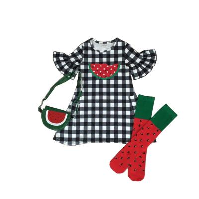 China Baby Casual Dress Pattern Watermelon Girls Sleeve Party Plaid Short Summer Dress With Purse And Socks for sale