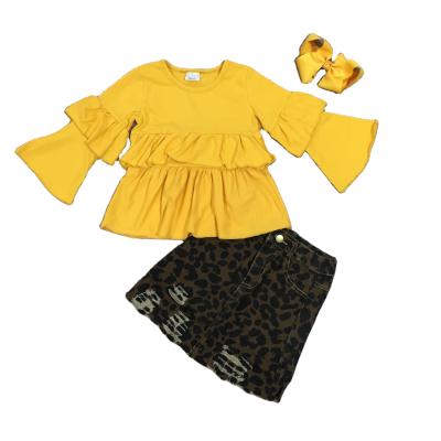 China Wholesale Comfotable Girlymax Fashion Spring Ruffle Long Sleeve Top Leopard Jeans Skirts Boutique Baby Clothing Set for sale