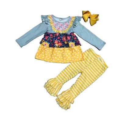 China Cotton Casual Mustard Babies Floral Yard Low Pants Set Outfits Kids Clothes Ruffles Boutique Match Kids Clothes for sale