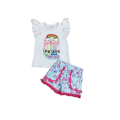 China Comfotable Wholesale Girlymax Rainbow Baby T-shirt Girl Pom-pom Shorts 2 Pieces Baby Girl Outfit Sets for sale