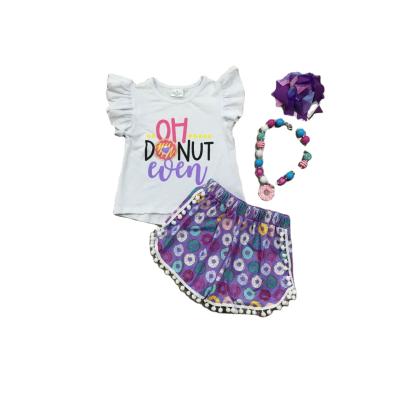 China Comfotable Girlymax Donuts Short Sleeve Baby Clothes Casual Shirt 2pcs Pompom Shorts Girl Set Outfits for sale