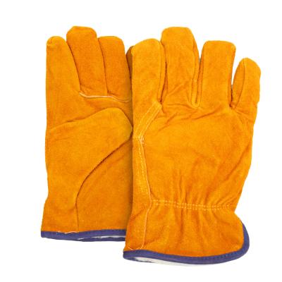 China Yellow Barbecue Gloves Heat Resistant Anti Slip Cowhide Work Gloves for sale