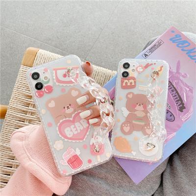 China Cute Insti Heart Bear Wristband Phone Cases Protector Cover For iPhone 12 pro 11 max X XS XR 7 8 plus SE2 chain clear wristband back cover for sale