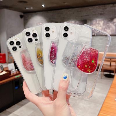 China New Quicksand Red Liquid Glitter Design Wine Lips Transparent Glass Phone Case For iPhone 12 11 7/8 Xs Max ZERY0720-45 for sale