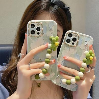 China Shockproof For Huawei Mate Ins Oil Painting Watercolor Floral Flower Strap Phone Case Chain Soft Green Case For iPhone 13 for sale