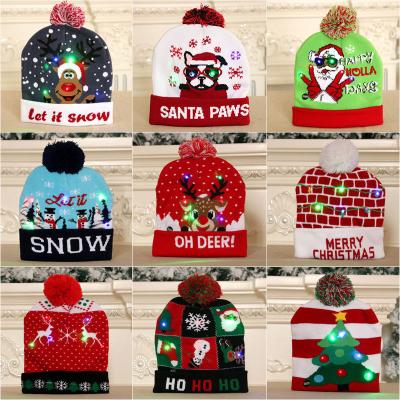 China JOINT Christmas Decorations Led Lightweight Knitted Beanie Cap Women Kids Christmas Hats With Light for sale