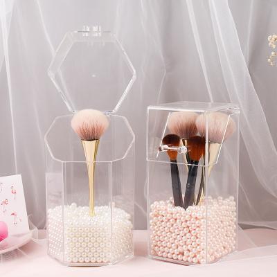 China Durable Dustproof Premium Quality Thick Acrylic Makeup Brush Cup Holder Storage Box With Pearls Acrylic Makeup Brush Holder With Lid for sale