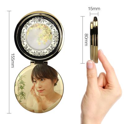 China Small Beautiful Traditional Glitter Liquid Makeup Mirror Handheld Pocket Round Shaped Acrylic Mirror for sale