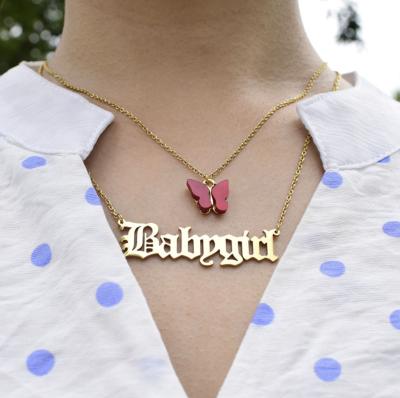 China New Cute Creative Double Layer Clavicle Letters Butterfly Stainless Steel Titanium Acrylic Necklace for sale