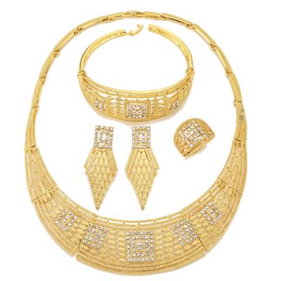 China Diamond Necklace Earrings Ring Religious Bracelet Four Piece Dubai Arab Women Jewelry Sets Gold Plated Necklace for sale