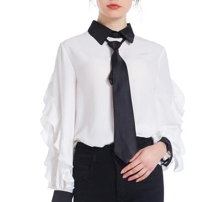 China Anti-Wrinkle Office Ladies Shirt Spring Autumn Silk Smooth Good Design White Sleeve Fashion Shirt for sale