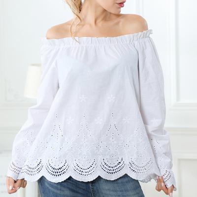 China Anti-wrinkle ladies spring and fall cotton blouse, long sleeves, computerized embroidered one-shoulder T-shirt pullover for sale