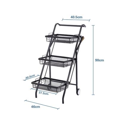 China Stored 3 Tiers Carts Metal Multifunctional Racks Folding 2 Wheel Row Cart Kitchen Storage Serving Racks Rolling Cart for sale