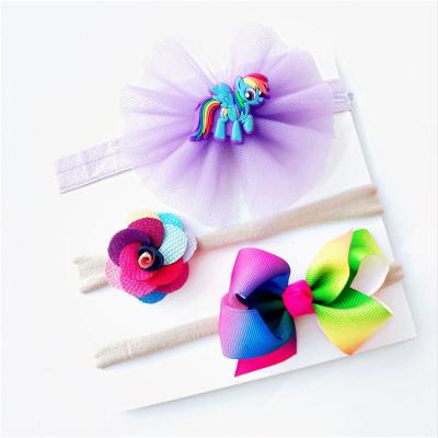 China Hot Selling Beautiful Lace Flower Baby Headband Costume Colorful Bow Nylon Hair Band 3pcs Set Popular for sale