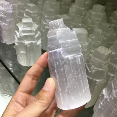 China China Wholesale 15cm Natural Rough White Selenite Carving Tower For Decoration for sale