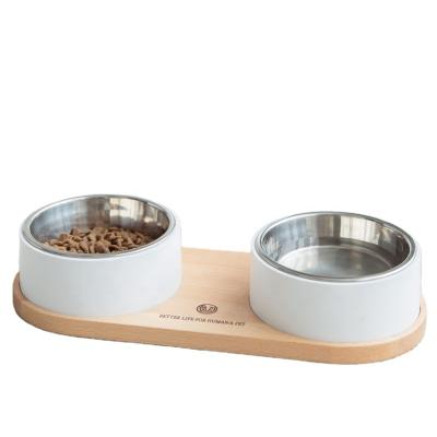 China Sustainable Pet Double Bowl With Wooden Stand 304 Stainless Steel Pet Bowls Cat Dog Food Bowl for sale