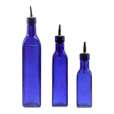 China Viable Spice Jar 170ml/250ml/520ml Blue Glass Oil Bottle With Oil Dispenser for sale