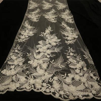 China Viable Fancy Handmade Floral 3D Flower Sequins Embroidered Bridal Tulle Lace Fabric for sale