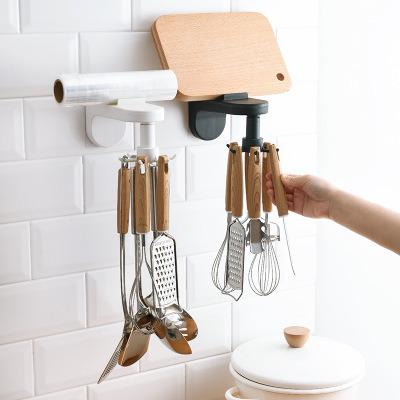 China New Bath 6 Hook Kitchen Bathroom Rotating Rotating Stocked Hooks Hanging Rack Space Self Adhesive Wall-Hook Robe Rack for sale