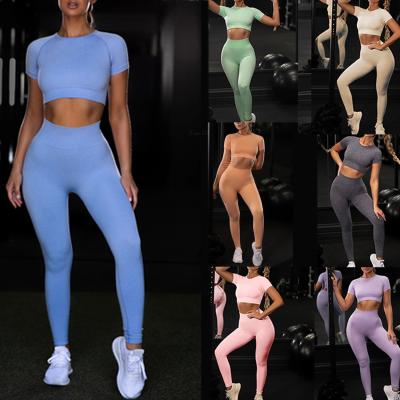 China Yoga Wear High Waist Women Yoga Set Seamless Crop Activewear Breathable Short Two Piece Set Tight Suit for sale