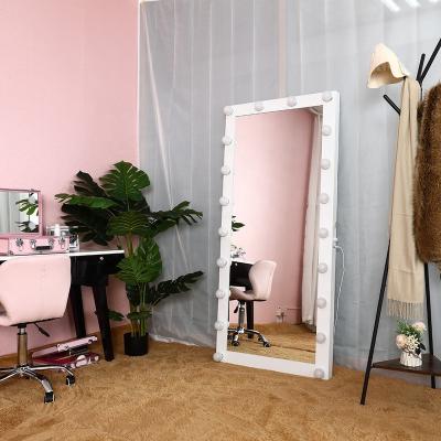 China Full View White Floor Lighted Makeup Mirror With Large Led E27 Bulbs Wire Control Dimmer Dressing Room Decoration for sale