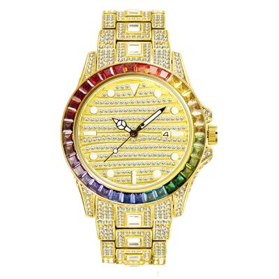 China Diamond Watch Waterproof Quartz Bling Gold Rainbow Men Auto Date Luxury Design Hip Hop Iced Out Luminous Watch for sale