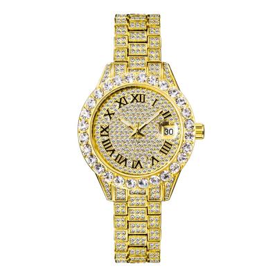 China Wholesale Luxury Bling Hip Hop Quartz Women's Day Date Iced Out Gold Full Diamond Watches Women Wrist Watch for sale