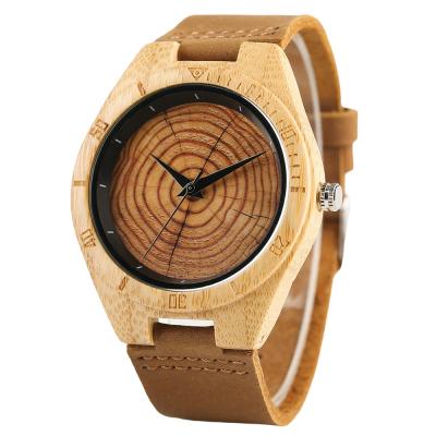 China Automatic date fast production no Logo Bamboo Wood Watch Engraving wood grain leather strap wooden watches for men for sale