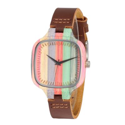 China Hot Selling Wood Watch Women Woodwatch Bamboo Wood Grain Leather Strap Quartz Non-Specific Wood Watch for sale