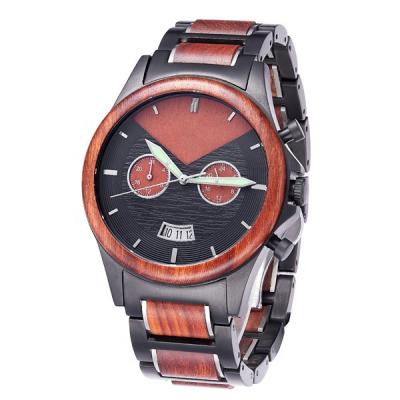 China Wholesale Luxury Custom Full Calendar Engraved Wood Watches Men Stainless Steel Chronograph Wooden Metal Watch for sale