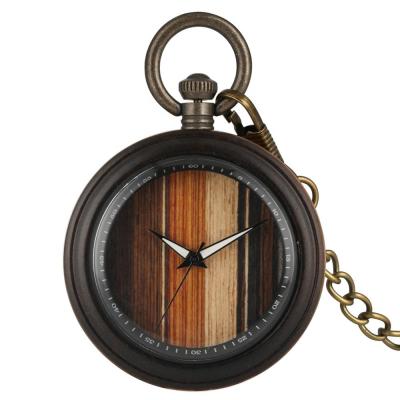 China Antique Single Grain Bronze Colored Wooden Face Chain Luminous Antique Wooden Pocket Watches for sale