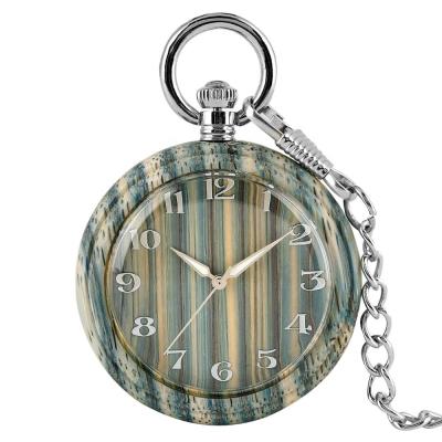 China 2020 New Arrival Antique Fashion Silver Chain Engraved Colorful Green Bamboo Wood Pocket Watch for sale