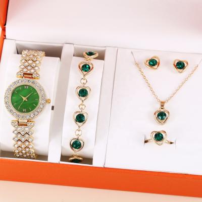 China Automatic Set Bling Hip Hop Diamond Lady Watch Set Date Girls Gift 6 Piece Bracelet Necklace Earrings Watch Set For Women for sale