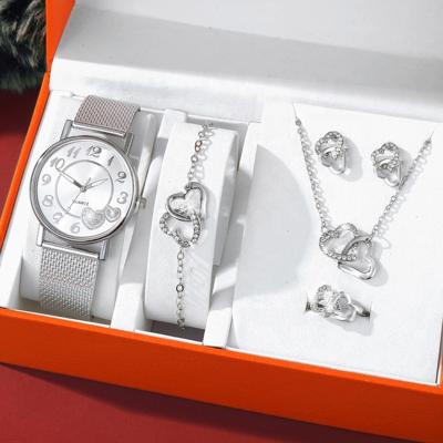 China Fashionable 6 Piece Auto Date Ladies Girls Watch Gift Set Rose Gold Watch And Bracelet Necklace Earrings Set Women for sale