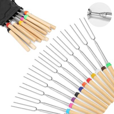 China Double Skewer Easily Cleaned Environmental Heat Stick Stainless Steel BBQ Wooden Handle Roasting Sticks Kit For Outdoor Marshmallow Roasting Stick for sale