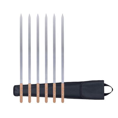 China Easily Cleaned 7 PCS Stainless Steel Handle Wooden BBQ Spits Rib Roast Rack Shish Kabob Spits BBQ Metal Flat Skewers for sale